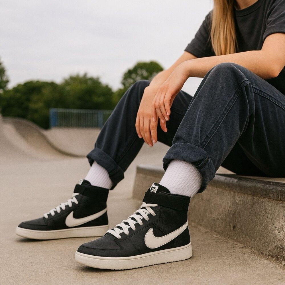 Nike Double Court High Top Womens 10.5 Black Retro Strap Sneakers